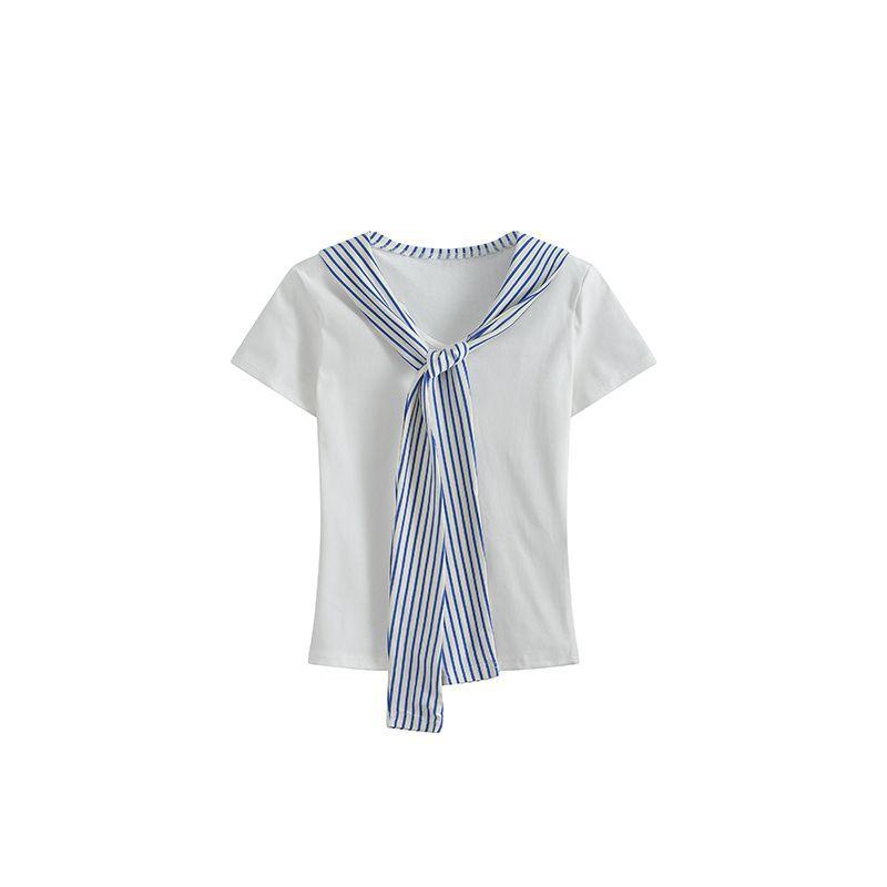 White Navy Collar Short-sleeved T-shirt Women's Front Shoulder Summer Design Sense Wear V-neck Slim-fitting Short Top