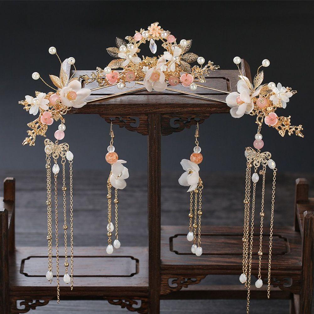 Light Colors Bridal Headwear Plastic Earrings Hairpin Set Wedding Dress Hair Accessories  Hanfu