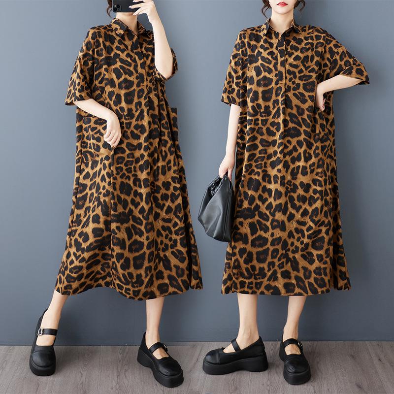 Spring/Summer 2026 Leopard Print Floral Plus Size Shirt Dress One Size