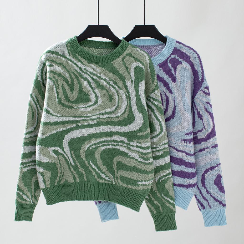 Women S Knitted Pullover Sweater Round Neck Loose Fit Colorful Pattern Spring