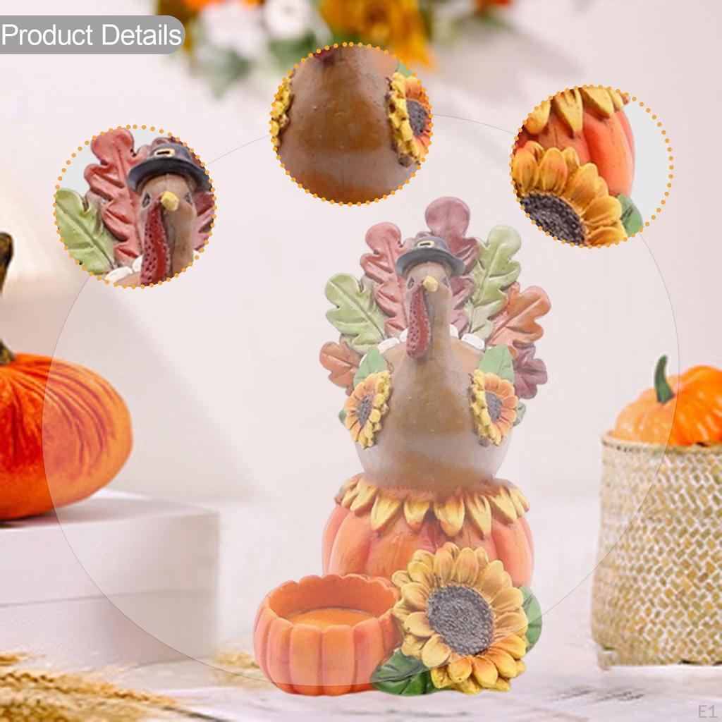 Candle Holder Turkey Statue with Pumpkin Ornament Decoration Thanksgiving Sculpture Resin Figurine