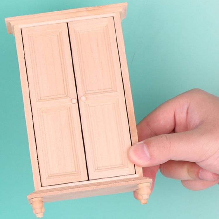 Detailed 1/12 Doll House Furniture Unpainted Wood Wardrobe Model With Functional Double Door for Kids Pretend Play Game