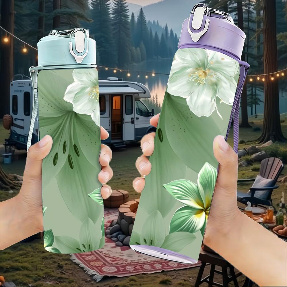 1PC Green Floral Leaf Marble Pattern 750ml Color Plastic Sports Water Bottle Leakproof Flip Straw Lid Suitable for Sports Office Home Use