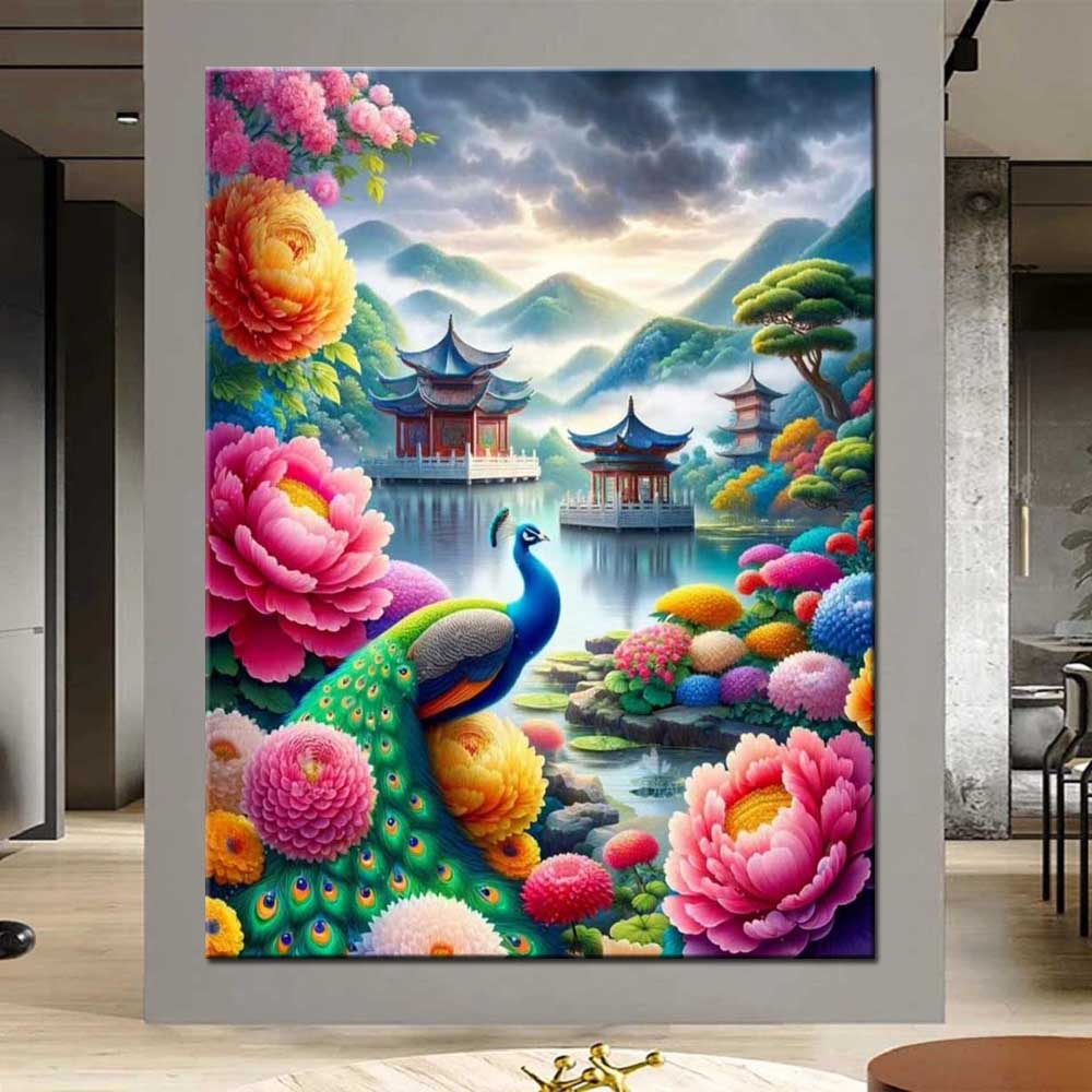 DIY Diamond Painting Cross Stitch Kit Peony Flowers and Pavilions Full Square Diamond Mosaic New Collection 2024 Home Decor Gift