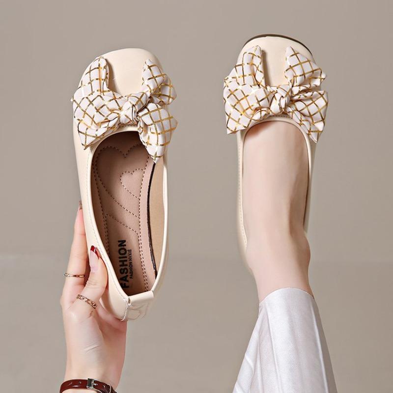 Fashion Fashion Round-toe Women's Flat Shoes 2025 Summer Sweet Ballet Comfortable Elegant Fine Plaid Bow Women's Shoes Large