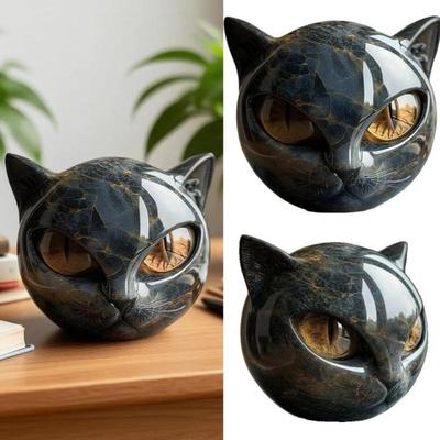 Halloween Black Cat Stone Figurine Sculpture Texture Cat Stone Resin Ornament Cat Statue Home Office Bookshelf Decor Craft