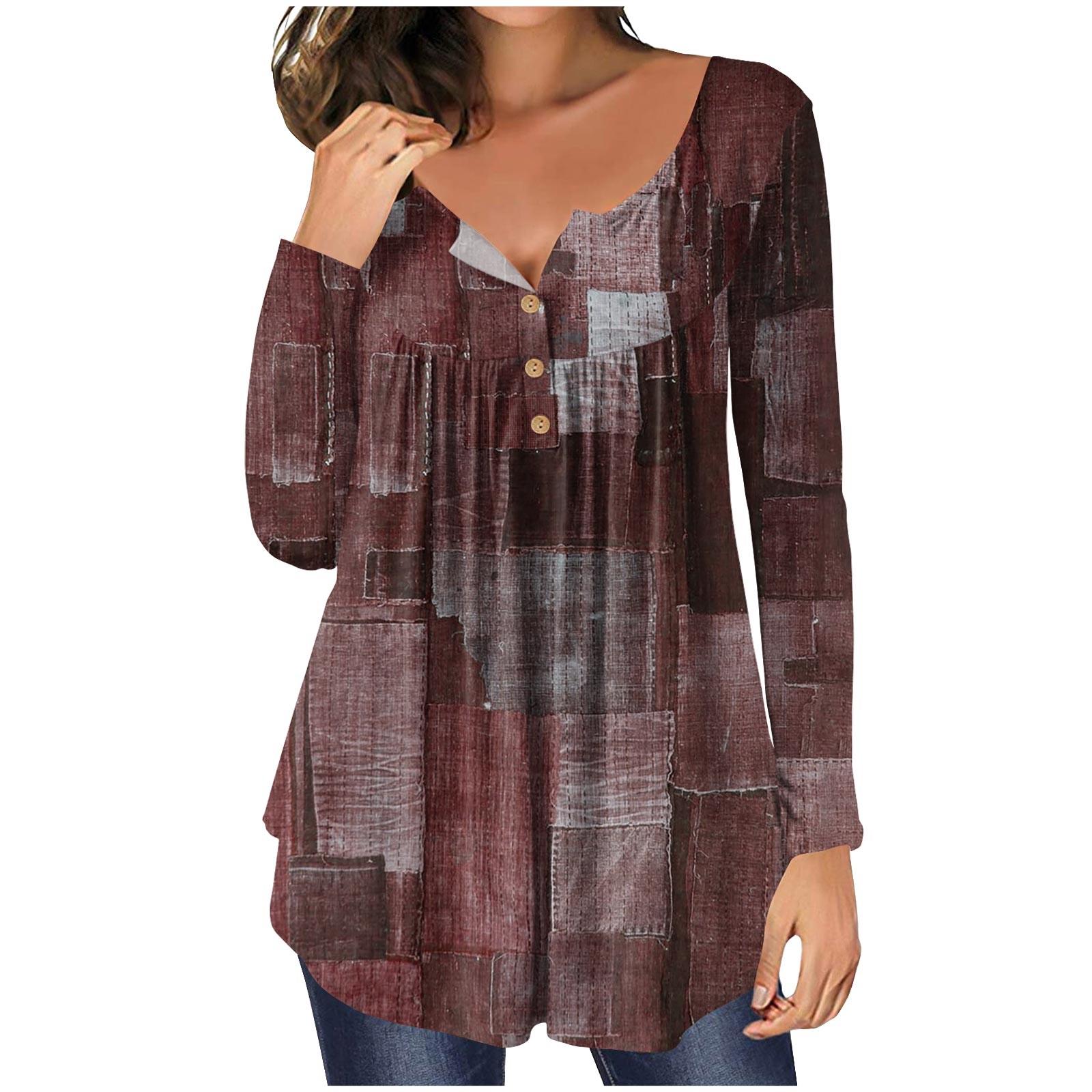 

Женские свободные топы с длинными рукавами, повседневные топы больших размеров, летние плиссированные топы на пуговицах с принтом для женщин L винный