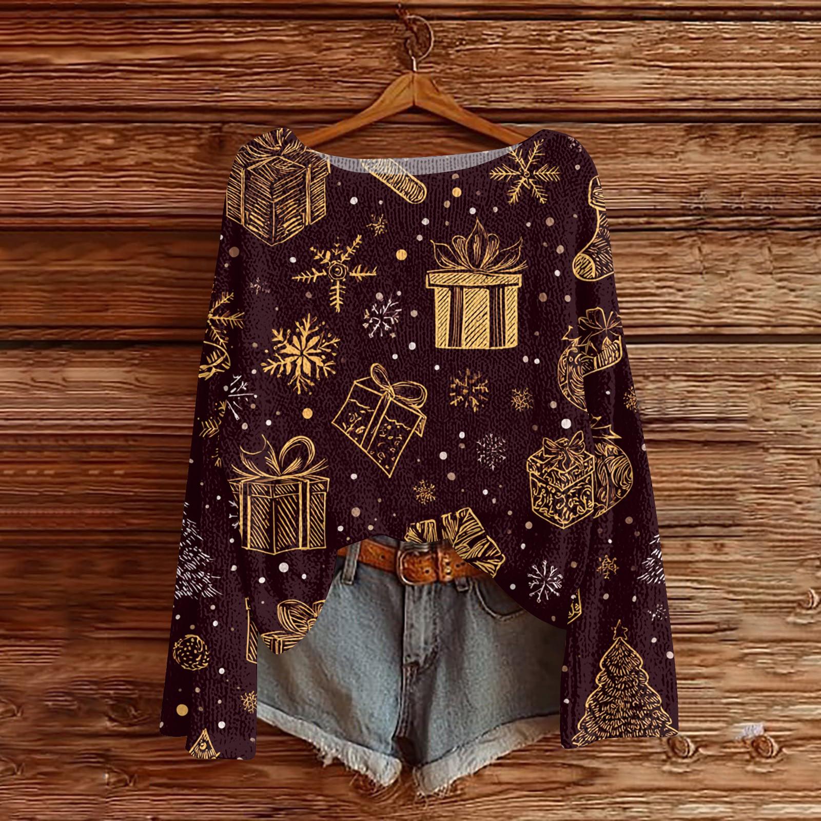 

Женский легкий свитер с круглым вырезом, повседневный вязаный пуловер с длинным рукавом и рождественским принтом XL винный