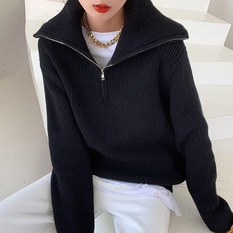 Lapel half zipper knitted sweater women's autumn and winter new commuter versatile loose pullover sweater women
