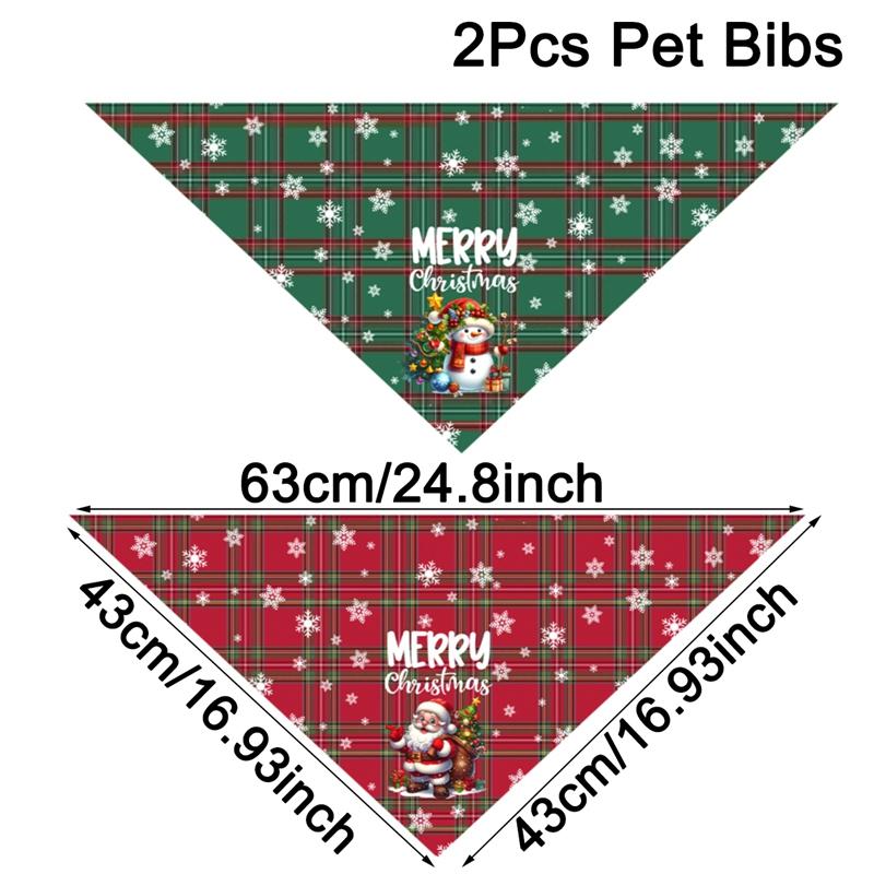 2pcs Christmas Plaid Pet Bandanas Santa Claus Snowman Dog Saliva Towel Triangle Scarf Christmas Decorations for Dog Pet Supplies