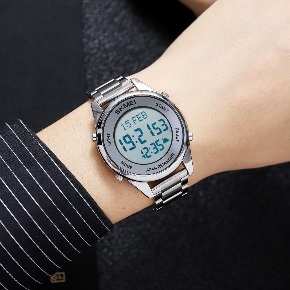 SKMEI New Stainless Steel Muslim Azan Men Watch for Prayer with Qibla Compass Adhan Alarm Hijri Islamic Wristwatch Montre Homme