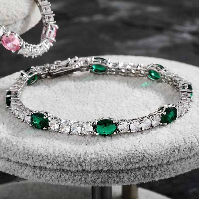Prong Setting Two Tone Oval and Round CZ Tennis Bracelet Rhodium Plated Brass Luxury Couple Jewelry Gift