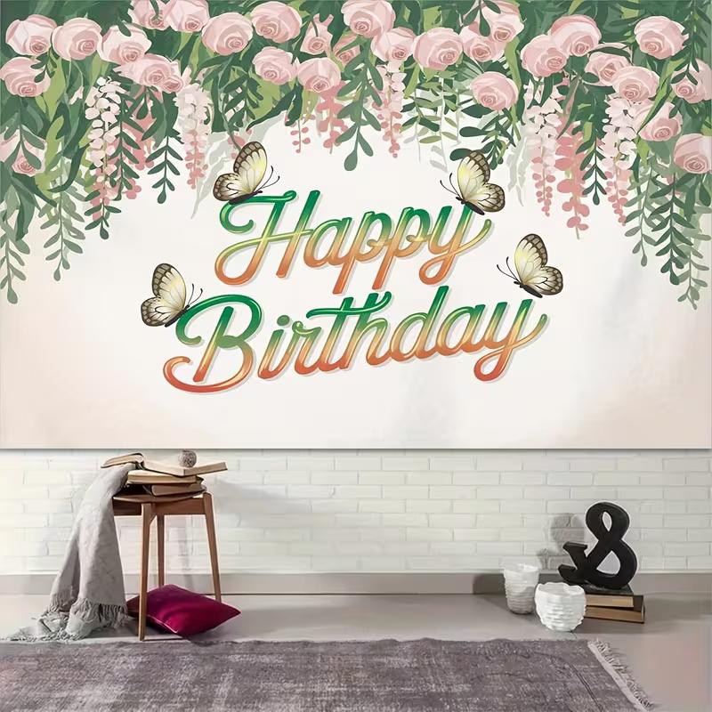 2D Pink Rose Butterfly Happy Birthday Backdrop Floral Photography Background
