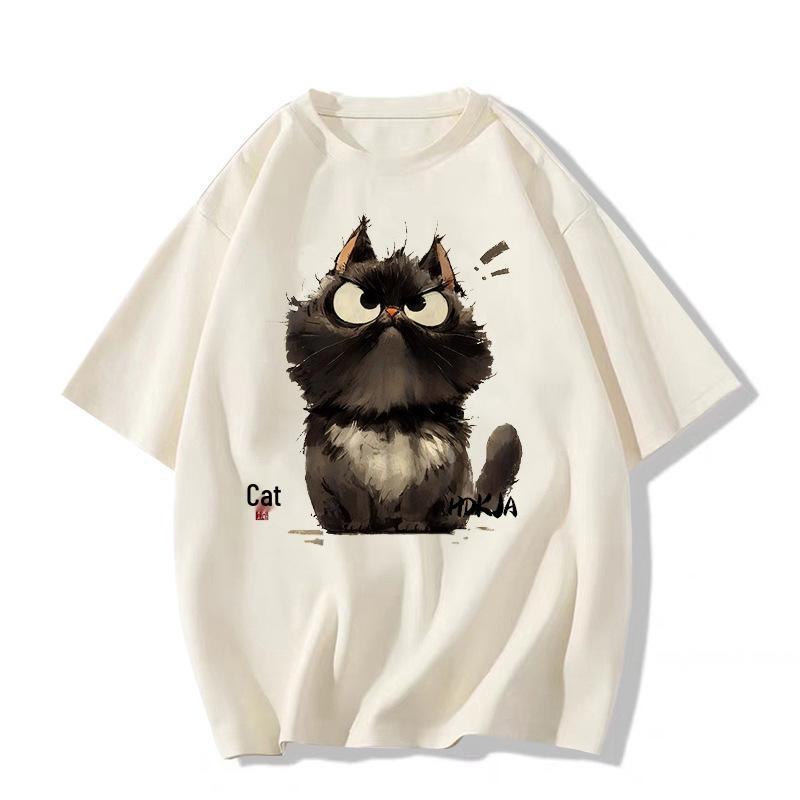 American Retro Kitten T-shirt - Neutral Short Sleeve, Summer Street Style, Loose Fit, Hip Hop Style