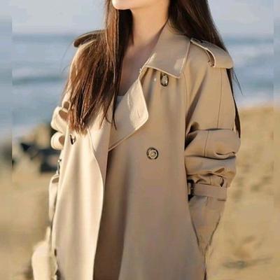 Women's Beige Trench Coat Long Sleeve Double Breasted Belted Casual Overcoat