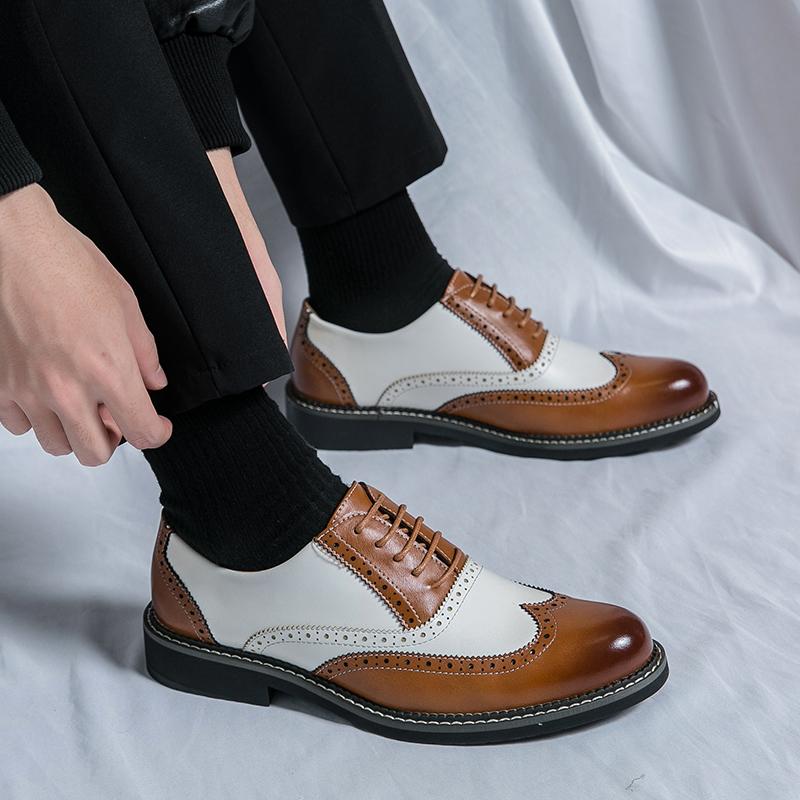 FashionMen's Business Leather Shoes lace up oxfords British Brown Pointed Business Casual Leather Shoes Men Dress Wedding Shoes