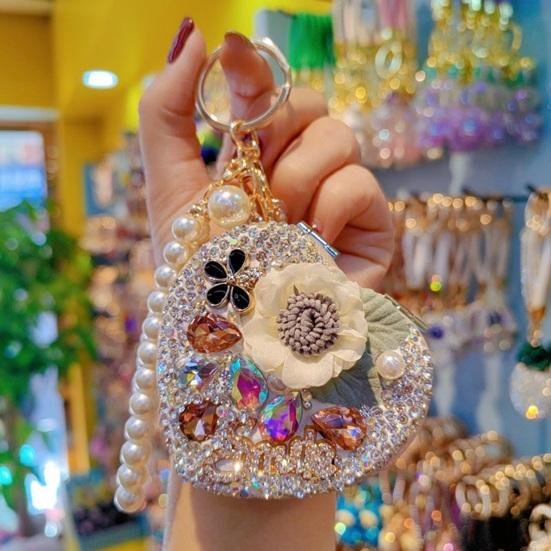 Folding Mirror Keychain Women Portable Makeup Mirror Rhinestone Faux Pearl Chain Sparkling Mirror Pendant for Touch-Ups Handbag