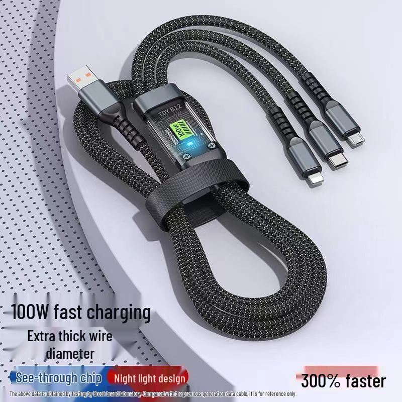 100W Transparent 3-in-1 Data Cable, 6A Fast Charging for Android, Huawei, Apple 1.2m