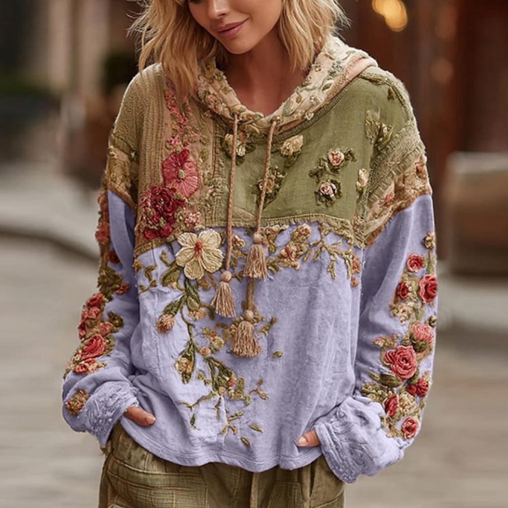 Women's Fashion Long-Sleeve Hooded Vintage  Patchwork Floral Print Casual Sweatshirt Top