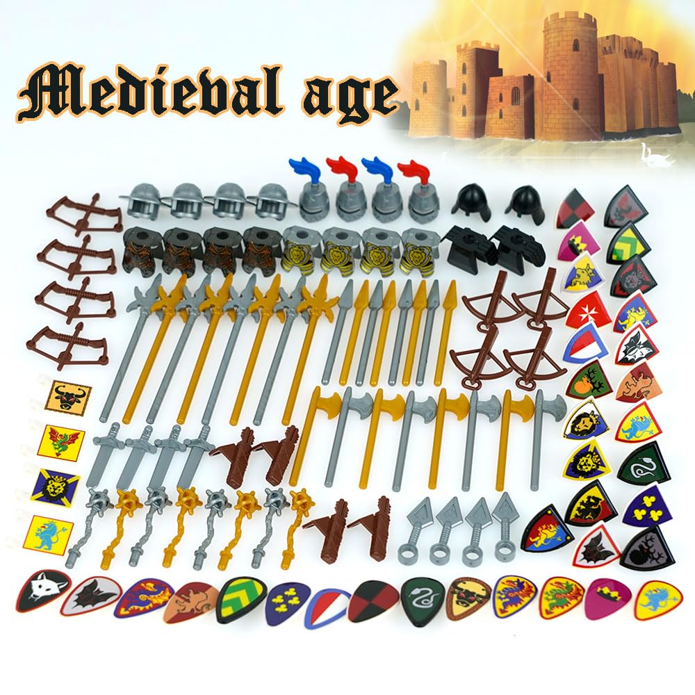 Medieval Knight Weapon Armor Parts Helmet Sword Shield Bow and Arrow Building Blocks Accessory Kit for Soldier Figures Castle Equipment Set