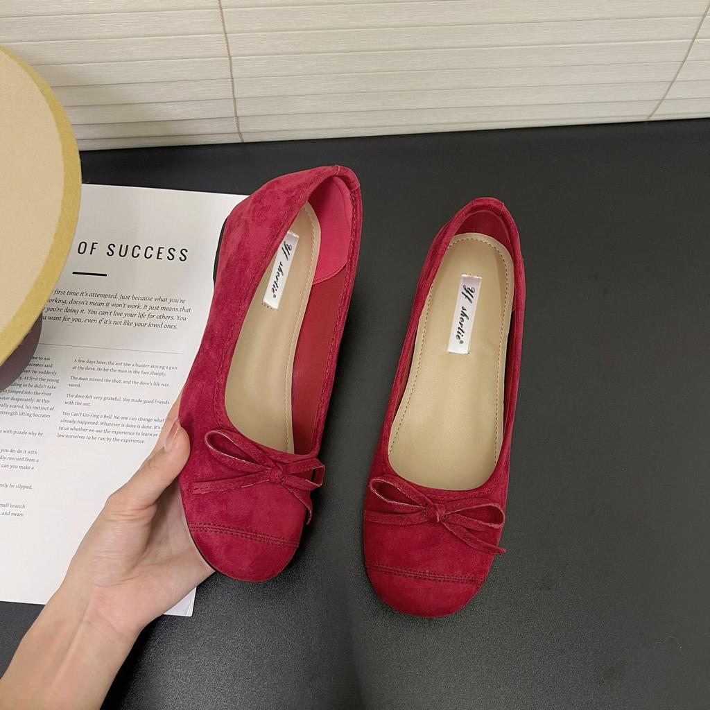 Höhenzunahme 5cm Wildleder Schleife runder Kopf flacher Mund Einzelne Schuhe Damen 25 Frühling neu retro Ein-Pedal flache Ballerinas