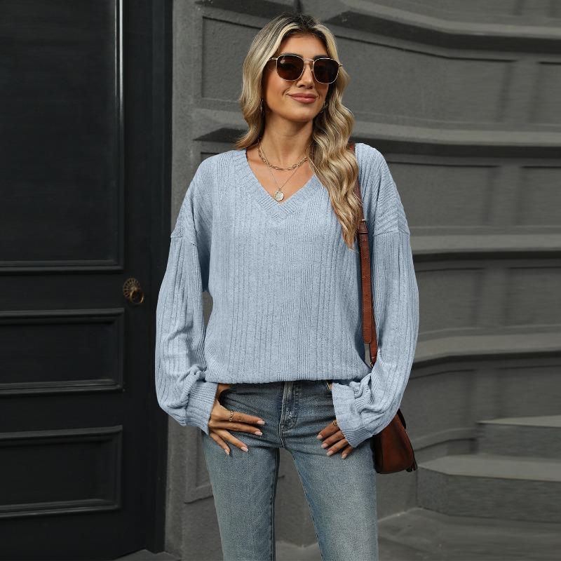 Autumn and Winter V-neck Loose Casual Long Sleeved T-shirt Women Fashion Elegant Simple New Solid Color Top Office Shirt Women's Clothing