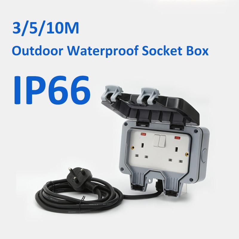 3/5/10M 13A IP66 Waterproof Double Socket Outdoor Weatherproof Sockets Outside Wall Electrical Switched Plug Sockets Box