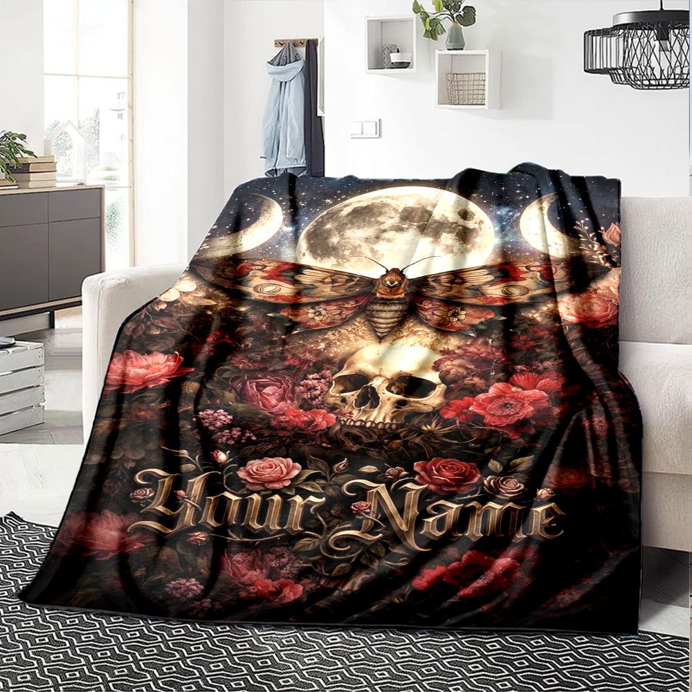 Name Custom Skull and Butterfly Print Flannel Blanket High Quality Warm Comfortable Cover for All Seasons Perfect for Gifts Home Decor