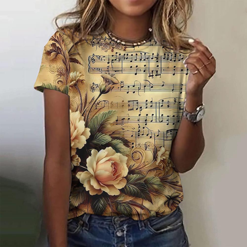 Summer Women's Rose Y2K Pattern Short Sleeve Summer Crew Retro T-shirt