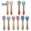Soft Silicone Tip Spoons Baby Led Weaning Spoon And Fork Set, Utensils Supplies with Wooden Handles, Toddler Self-Feeding Tableware, BPA-Free