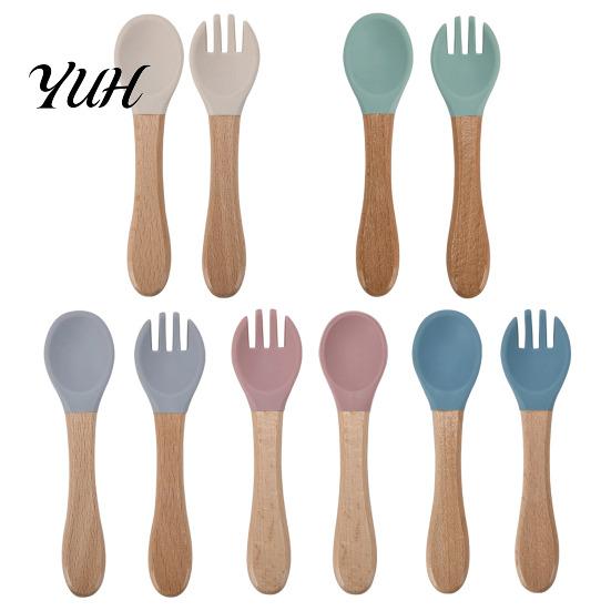 Soft Silicone Tip Spoons Baby Led Weaning Spoon And Fork Set, Utensils Supplies with Wooden Handles, Toddler Self-Feeding Tableware, BPA-Free