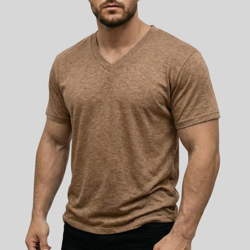 Men V Neck Short Sleeve T Shirt Slim Fit Solid Color Casual Basic Top