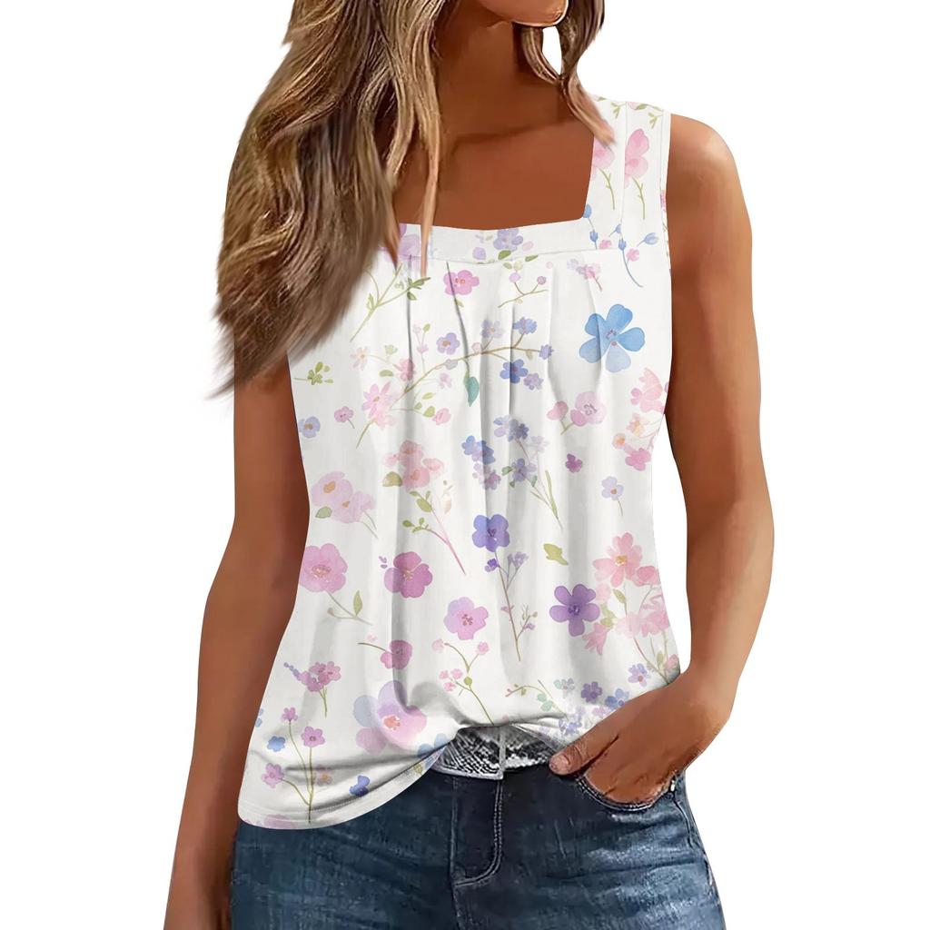 Women's Fashion Casual Pleated Square Collar Sleeveless Vest Print Summer T-shirt