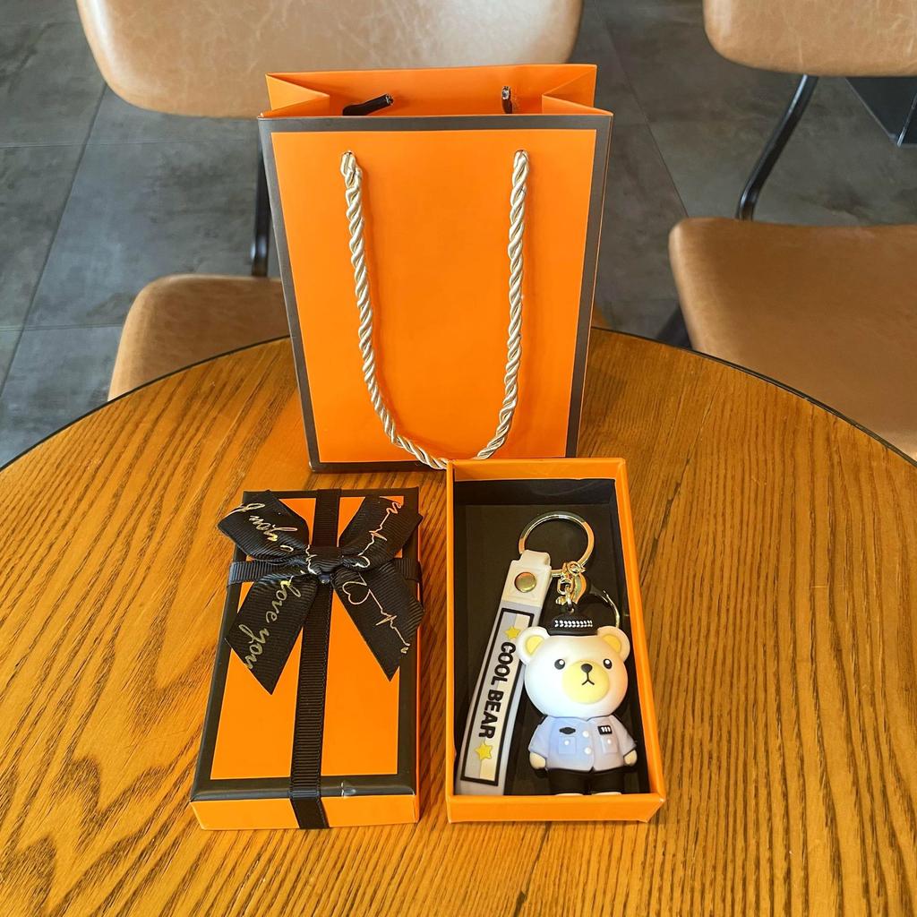 Cartoon Epoxy Traffic Police Firefighter Bear Keychain Promotional Gifts Fashion Couple Accessories Cute School Bag Lanyard