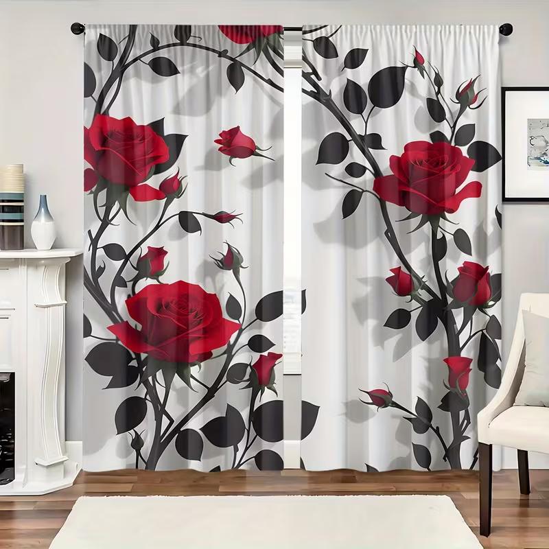 2PC Red Rose Black Branch Curtains Romantic Floral Print Light Filtering Drapes Elegant Modern Home Decor for BedroomLiving Room
