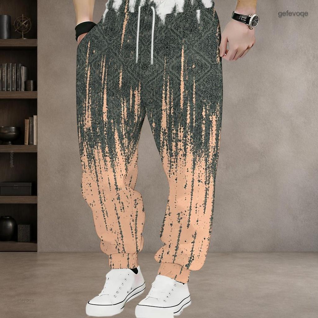 Men S Plus Size Abstract Printed Drawstring Jogger Pants White Grey Beige Cuffed Ankle Side Pockets Trousers