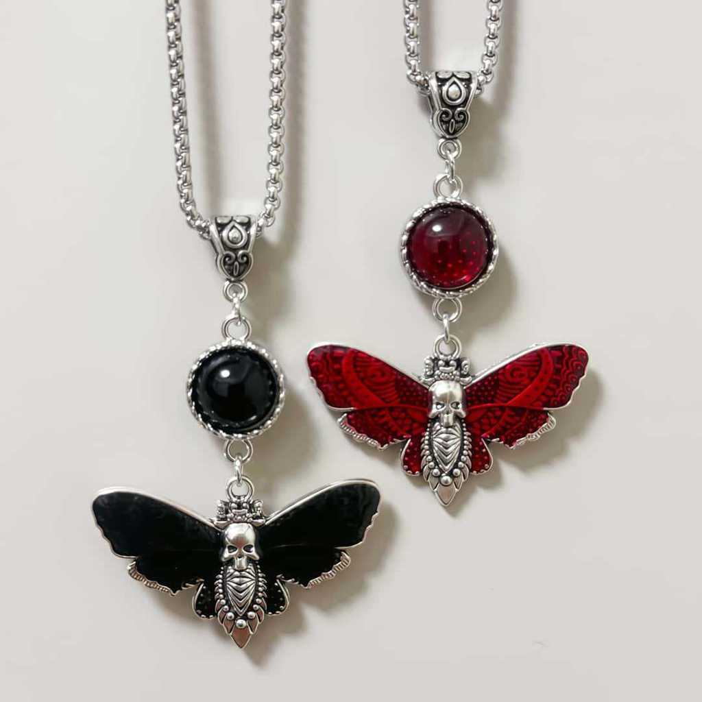 Gothic Skull Red Fly Earrings Necklace With Alloy Pendant For Halloween Costume Accessory