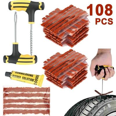 Kit de réparation de pneus 108 pièces Kit de bouchons de pneus robustes Patchs de bouchons pour voiture, camion, moto Bande de caoutchouc Fixations pour vélo Accessoires avec perceuse