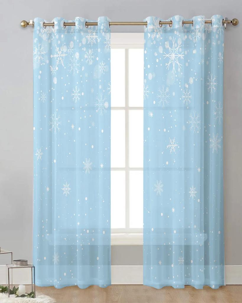 Christmas Snowflake Blue Sheer Curtains for Living Room Decoration Window Curtains Kitchen Tulle Voile Curtains