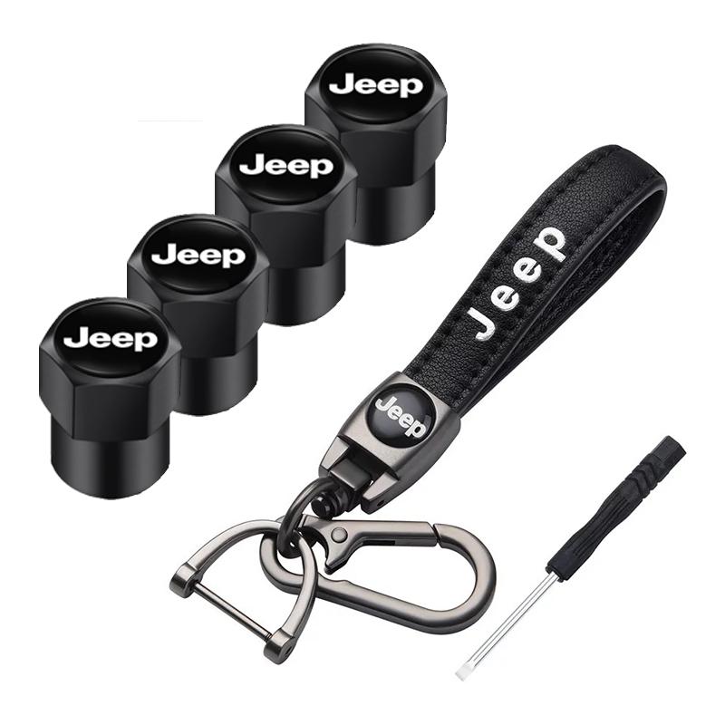 Car Tire Wheel Valve Caps Cover Leather Key Chain Ring Keychain For Jeep Grand Cherokee Wrangler JK Gladiator Compass Renegade W AMR1