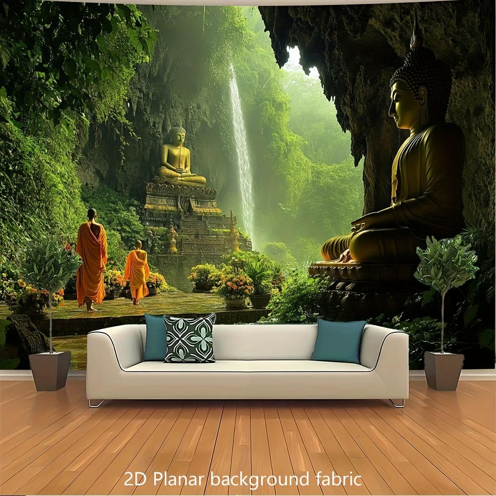 Textilien Unisex Buddha Temple Waterfall Wall Tapestry Zen Garden Meditation Art Buddhist Decor Peaceful Nature Living Room Fabric Print