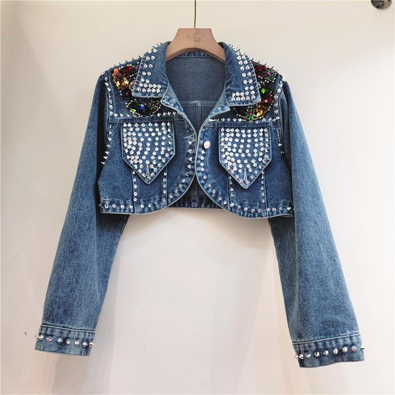 Thai trendy brand autumn new fashion heavy industry rivet long-sleeved jacket women s design short denim jacket M синий