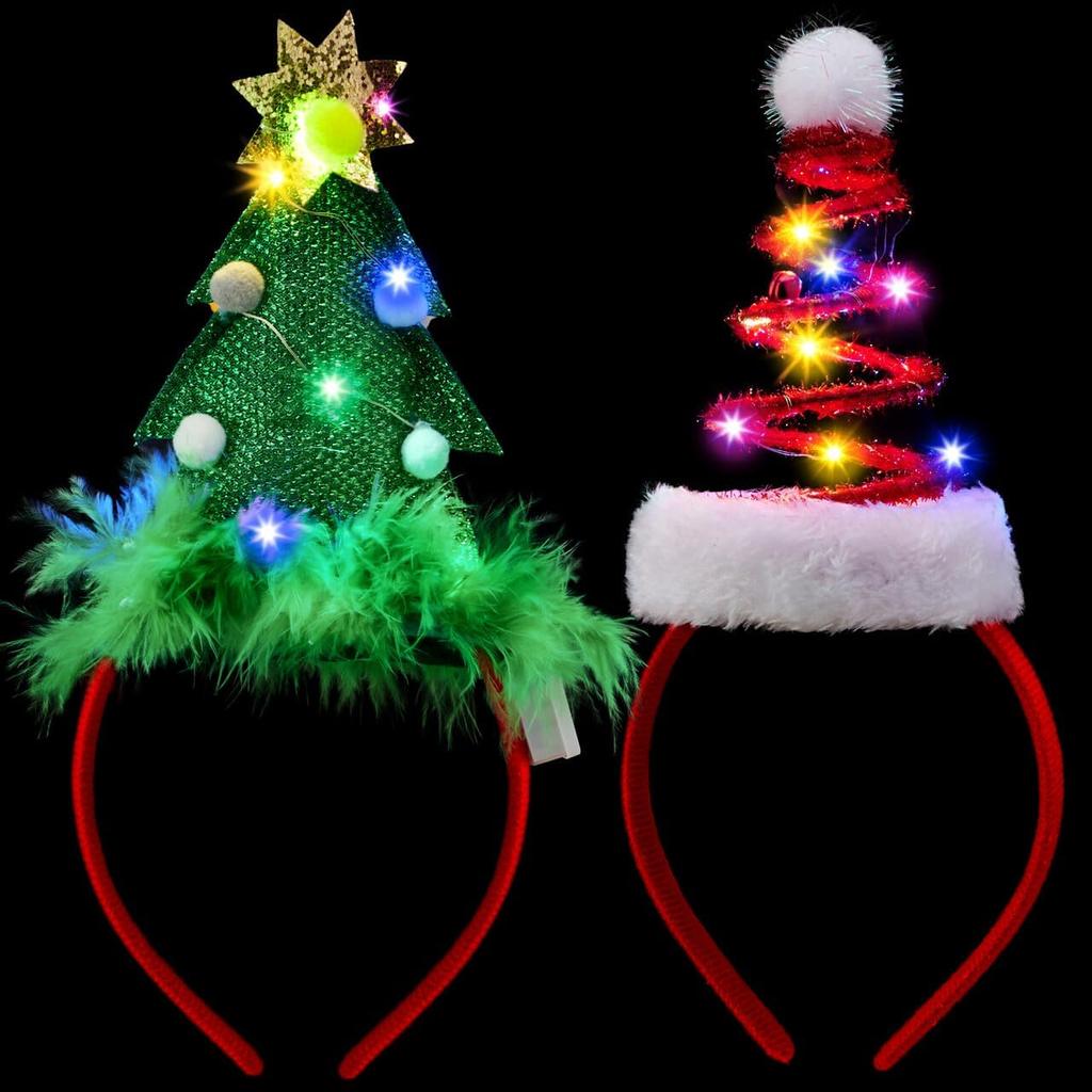 JOYFY 2 PCS Lighted Christmas Headbands with LED Lights In Springy Santa Hat Tree Designs for Christmas and Holiday Parties