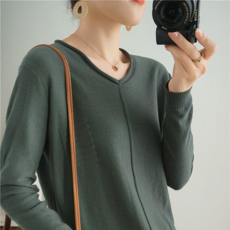Baumwollpullover im koreanischen Stil mit gerolltem Saum und Rundhalsausschnitt für Damen, langärmlig und locker geschnitten