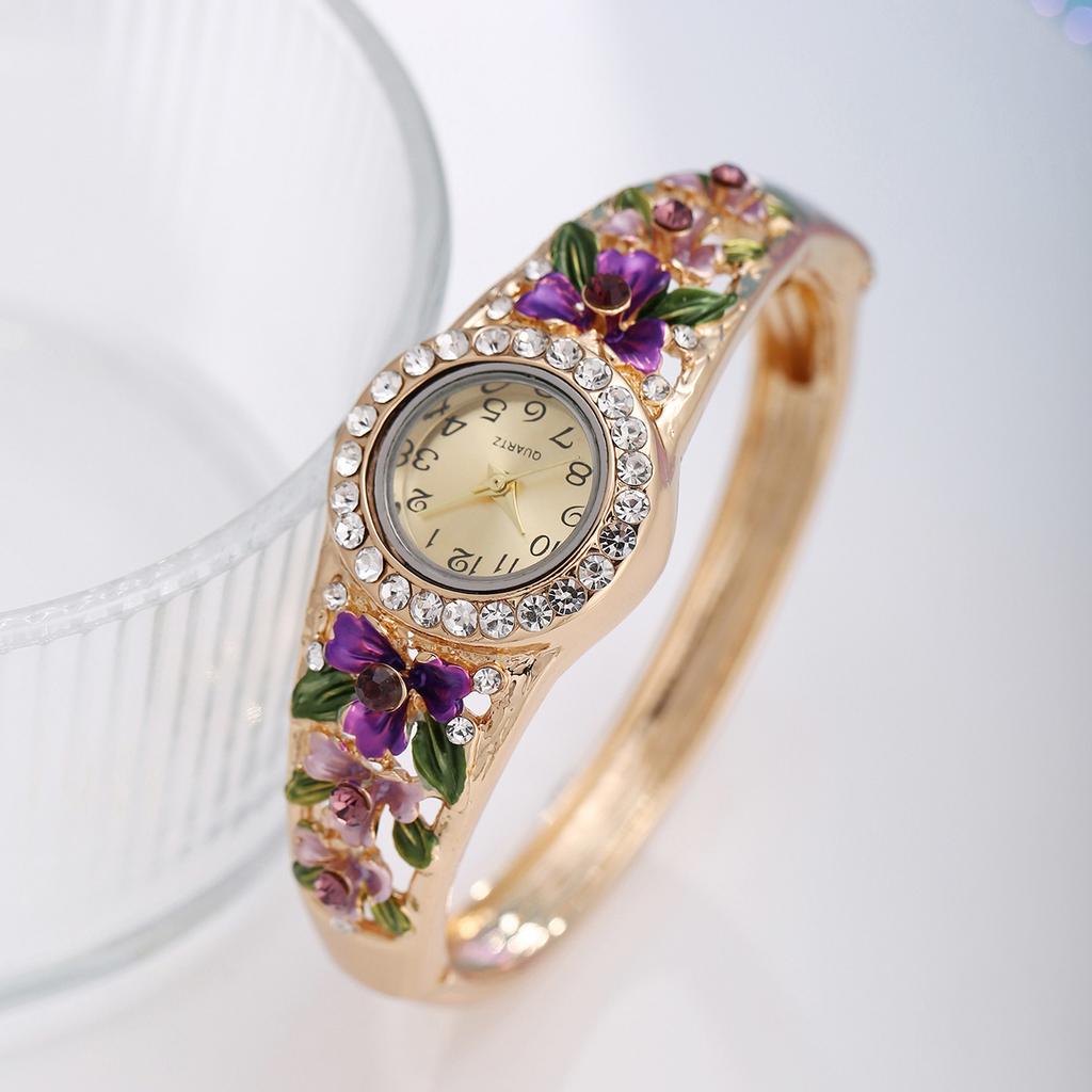 Women's Rhinestone Flower Watch Bangle Quartz Wristwatch