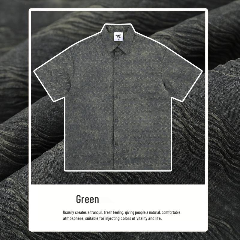 

Летняя винтажная рубашка с темным жаккардовым узором 2025 - Унисекс, короткий рукав, стиль старые деньги высокого класса XL армия зеленый