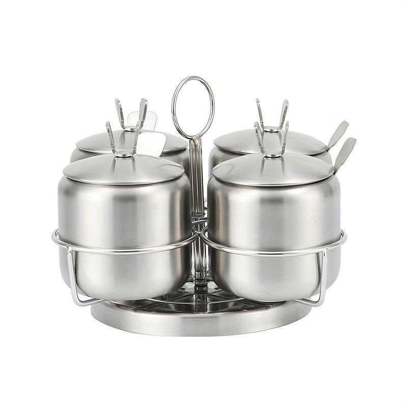 Stainless Steel Seasoning Jar Set with Spoon Spice Container with Swivel Base Salt Sugar Condiment Pot Kitchen Accessories.