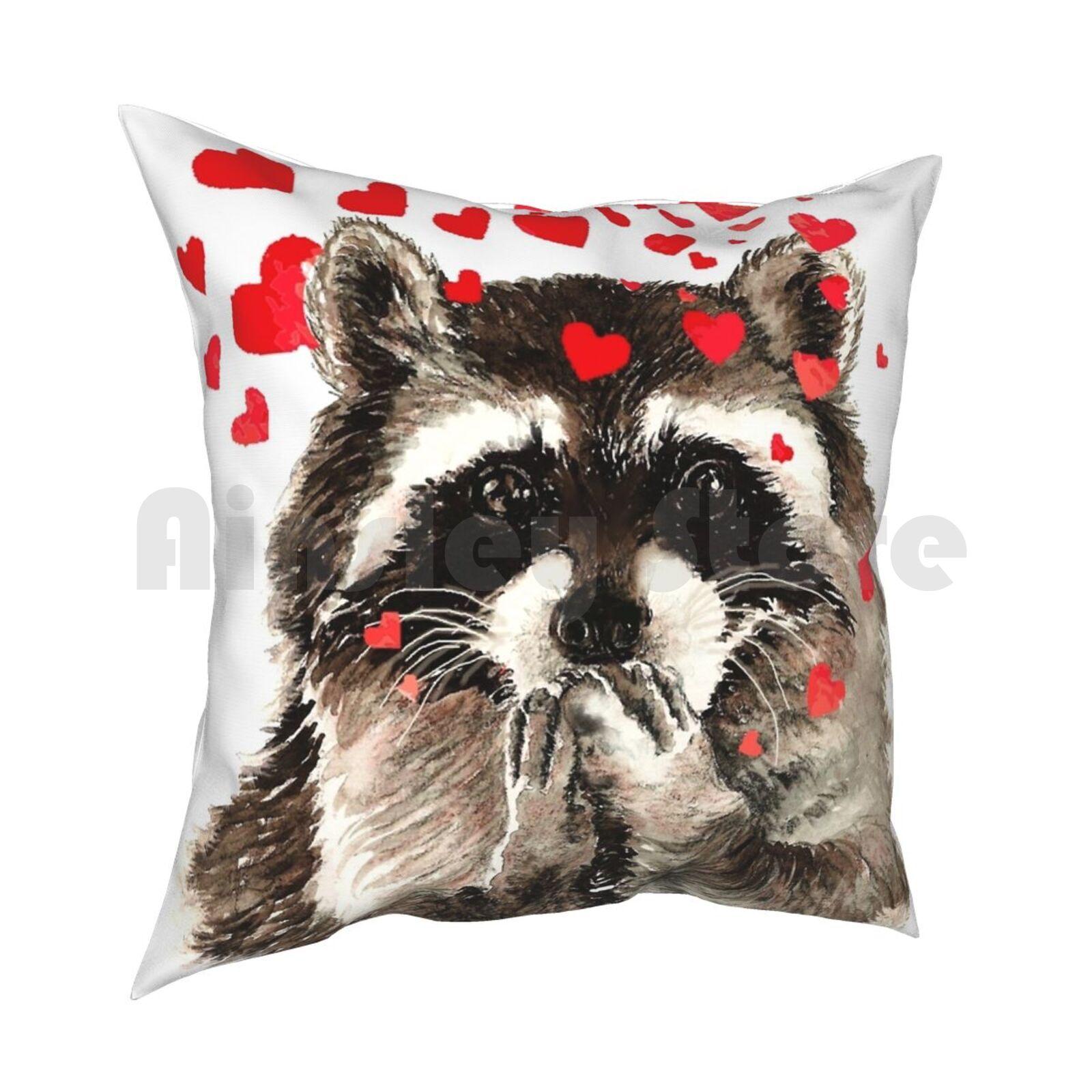 Cute Watercolor Raccoon Blowing Kisses  Hearts Pillow Case Printed Home Soft DIY Pillow Cover Cute Watercolor Raccoon 30x30cm 12x12in
