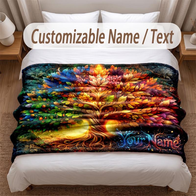 Tree of Life Theme Soft Blanket Personalized Custom Name Text Print Warm Blanket Home Sofa Bedroom Decor