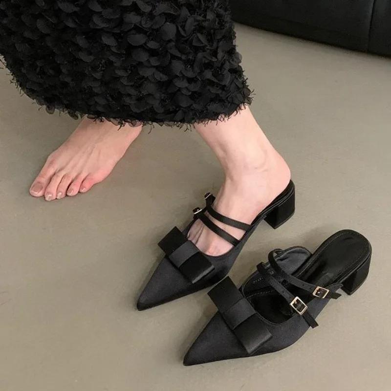 Fashion Spring Summer Pointed Toe Women Muels Slippers Fashion Butterfly-knot Thick Heels Party Dress Shoes Buty Damskie Scarpe Da Donna